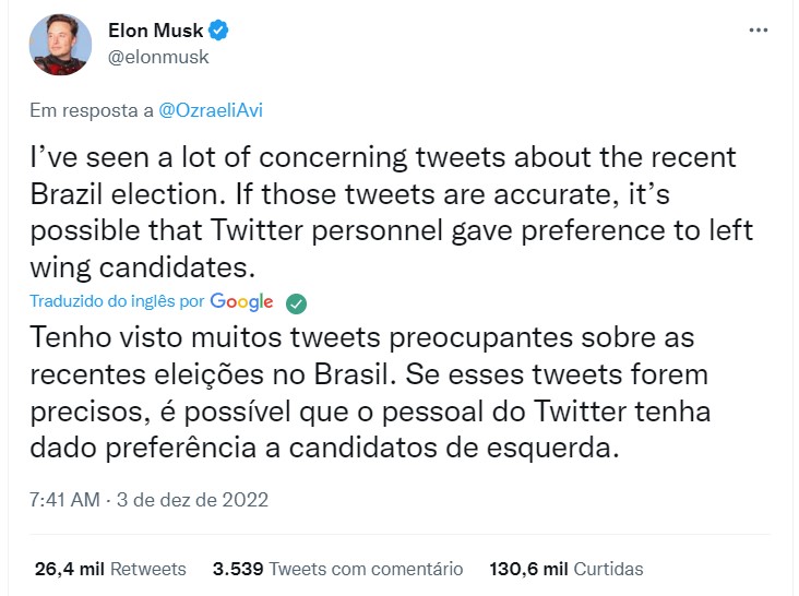 Postagem de Elon Musk no Twitter neste sábado (Twitter/Elon Musk).